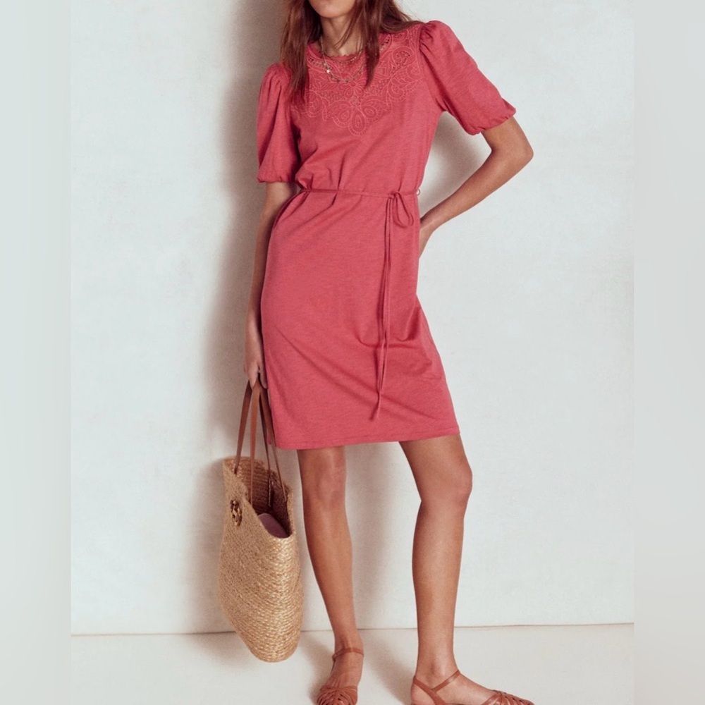 Boden Rose Pink Puff-Sleeve Tie-Waist Mini Dress